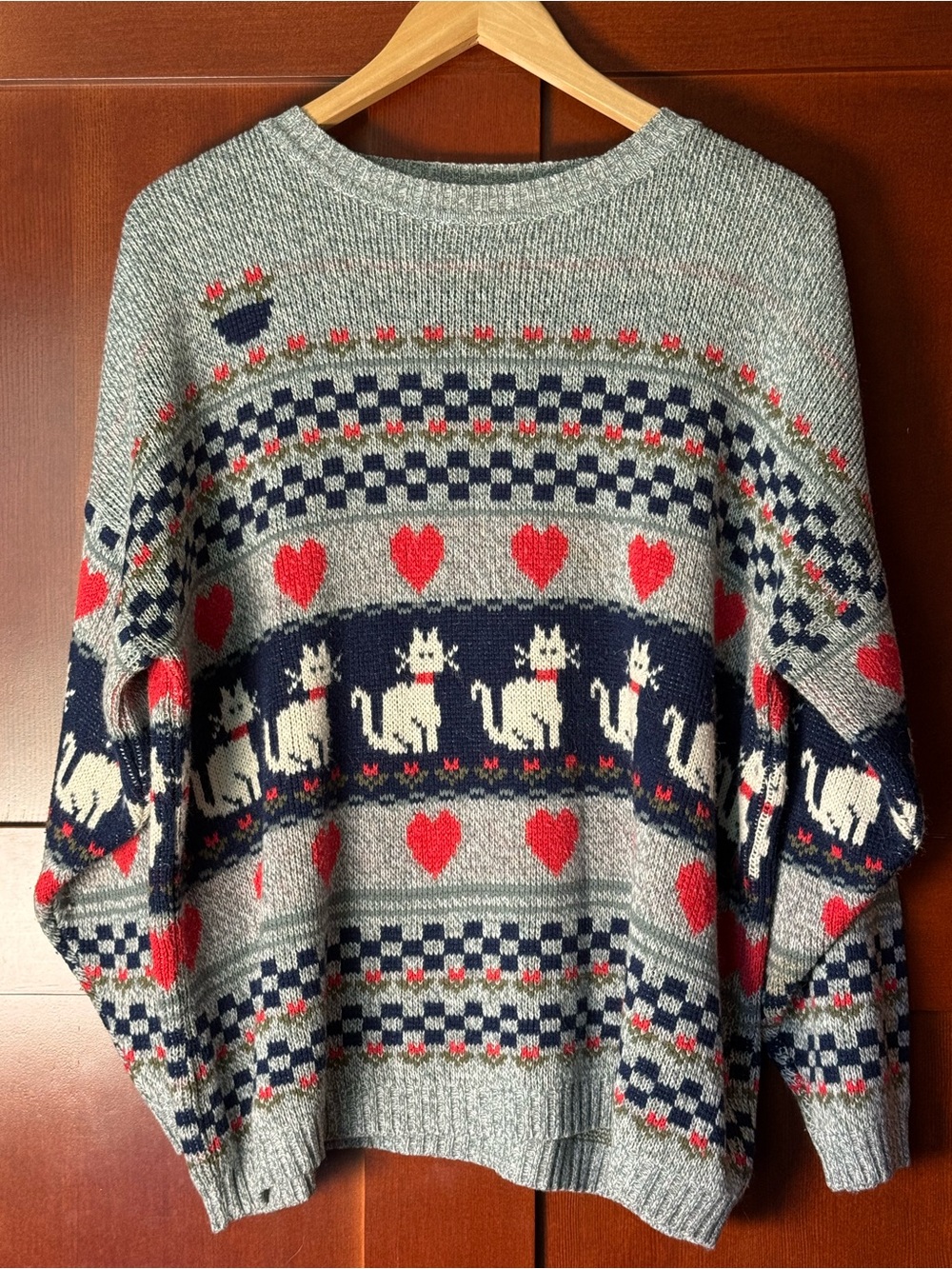 VTG 90’s Venezia Cat Heart Checkerboard Knit Sweater Plus 18/20 Cozy Grandma